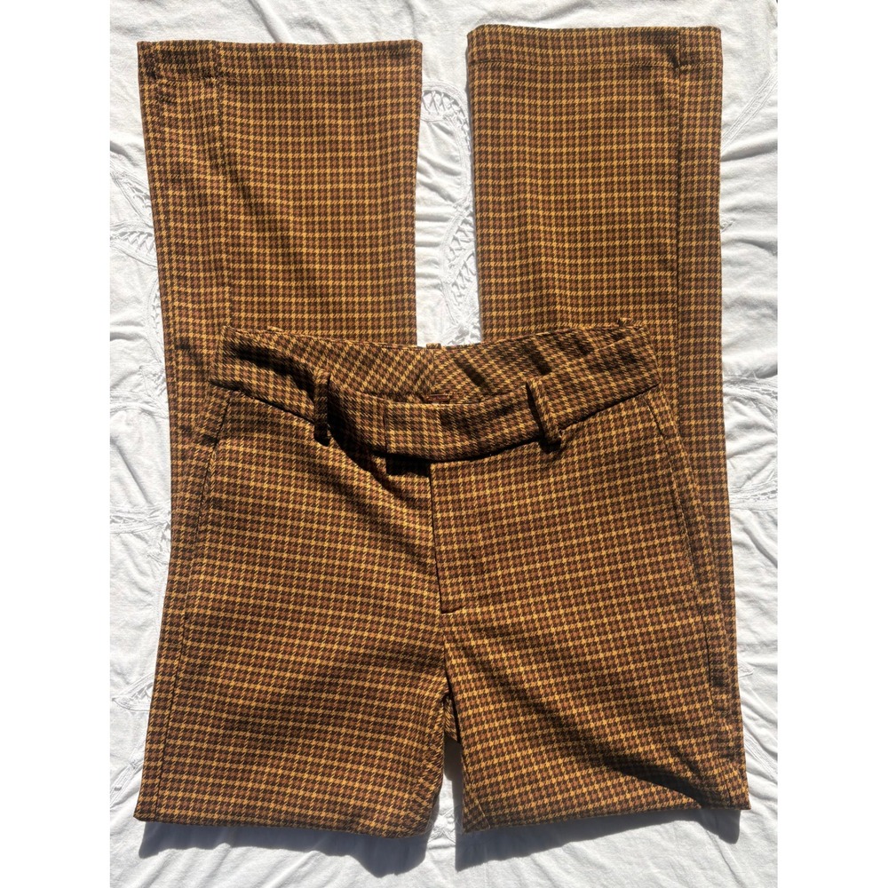 Free People Houndstooth Flare Pants Brown Yellow High Rise Retro Trousers